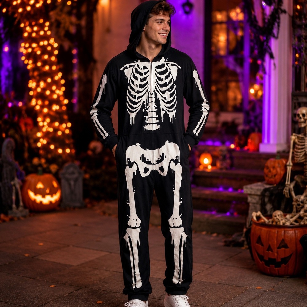 Skeleton Halloween Costume Black Hooded Bone Jumpsuit Adult Unisex Medium
